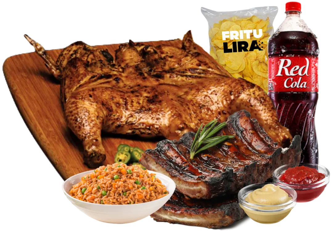 Combo especial dia de las madrres de Asador Campestre con pollo asado, costilla asada, una guarnición a elegir, salsas y refresco, acompañado de bolsa de fritura